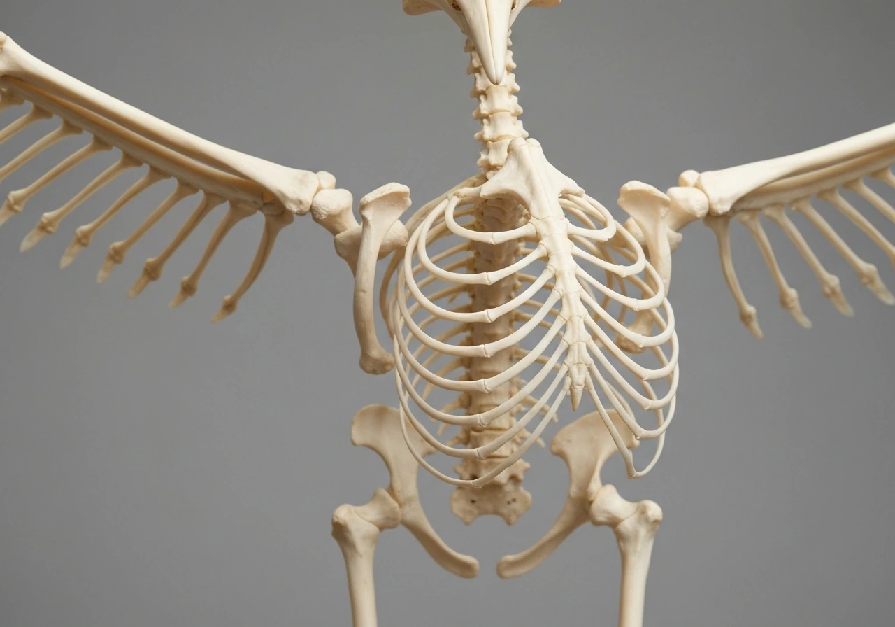 Close-up of a flying bird skeleton highlighting air-filled pneumatized bones and the keel-like sternum