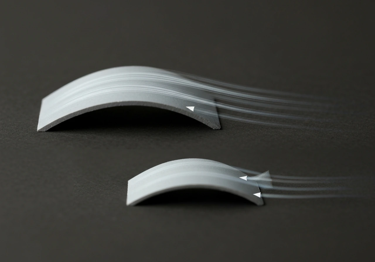 Macro view of a curved wing cross-section with faster airflow streaks over the top and redirected flow below.