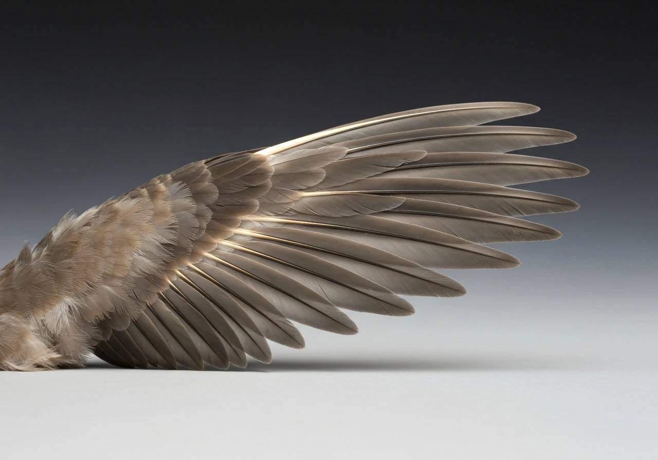 Close-up of bird wingtip feathers showing primary and secondary arrangement with slotted primaries effect
