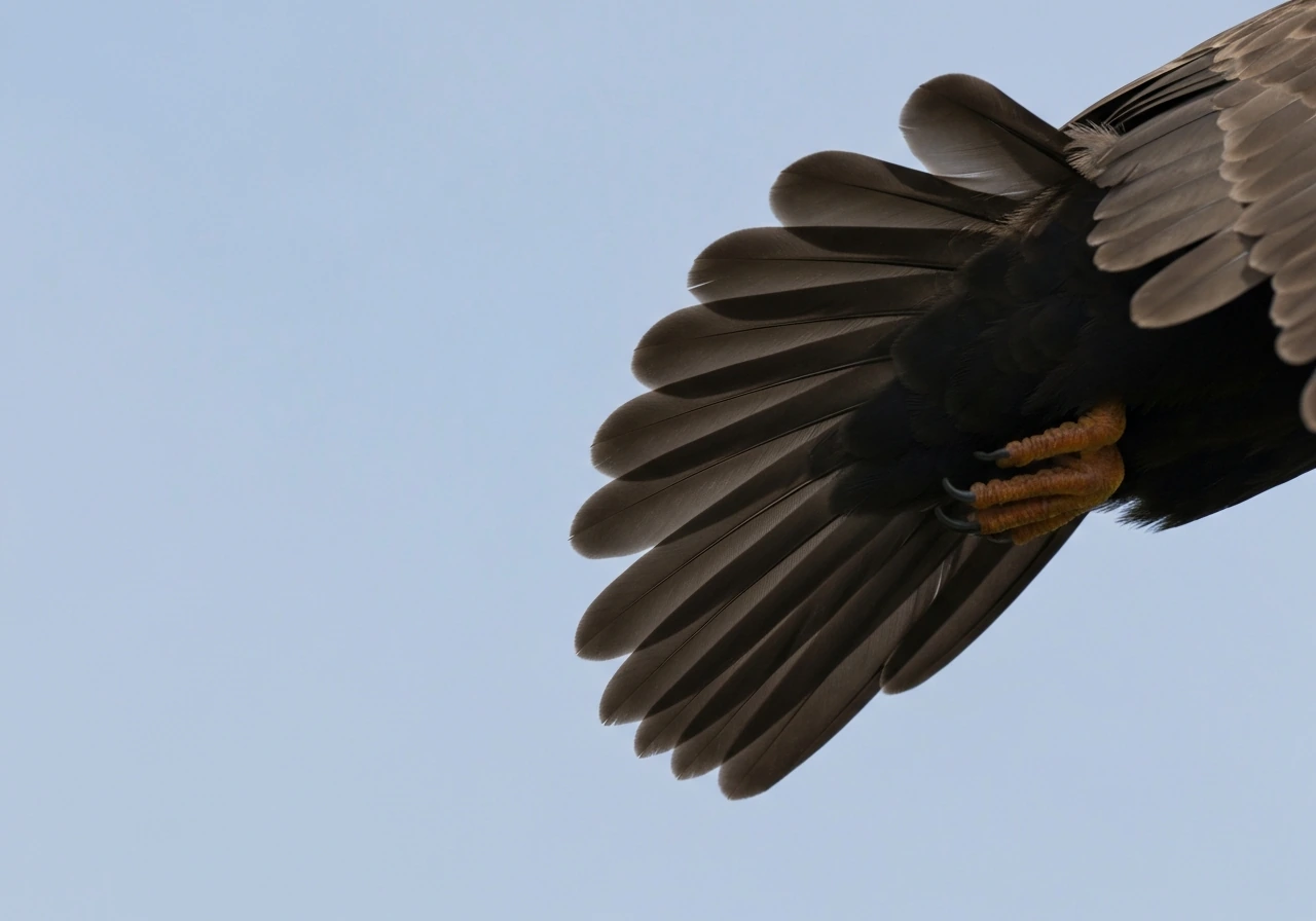 Bird tail feathers fanned in mid-flight, showing fine control for stable turning and braking