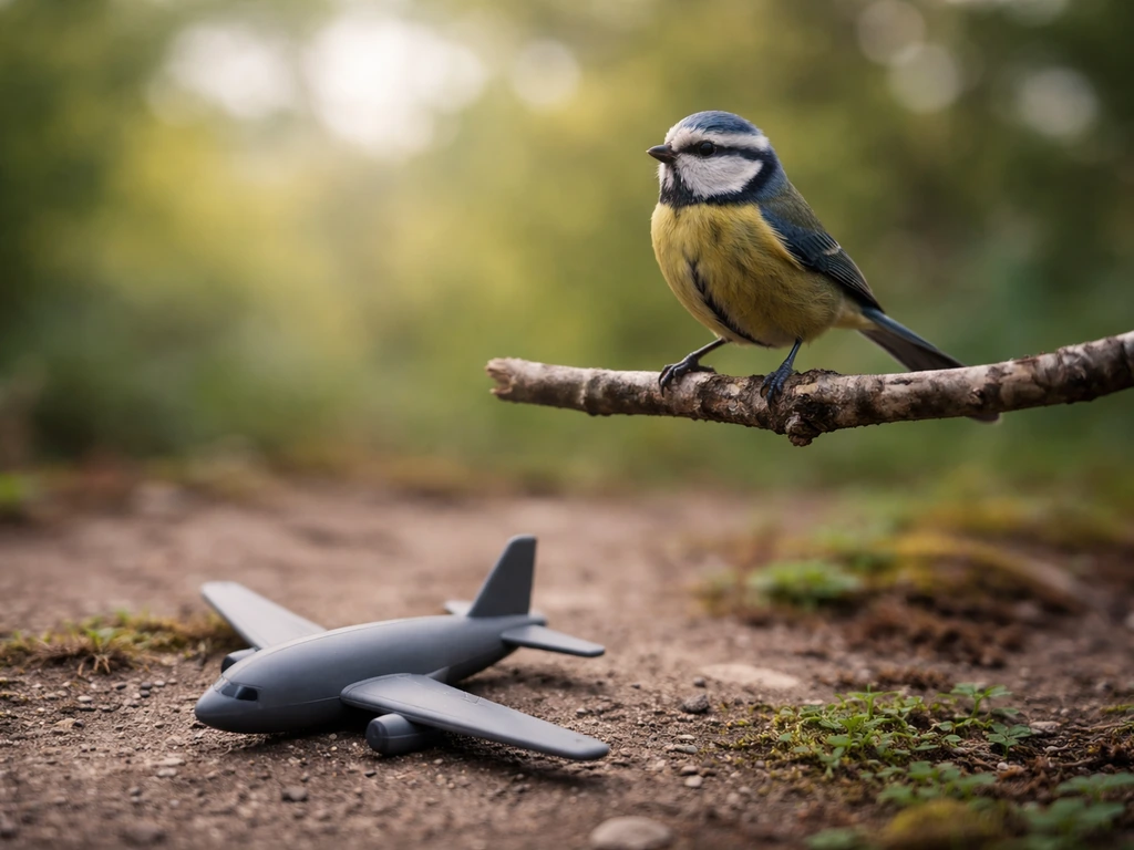 A small bird perched beside a simple airplane model silhouette, contrasting bird vs aeroplane