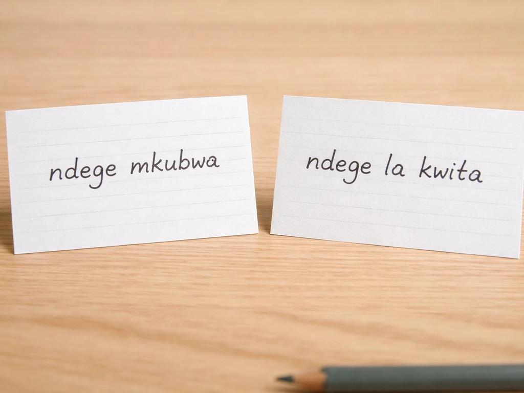 Minimal scene showing two side-by-side noun-class example cards with “ndege” and a corrected Swahili phrase