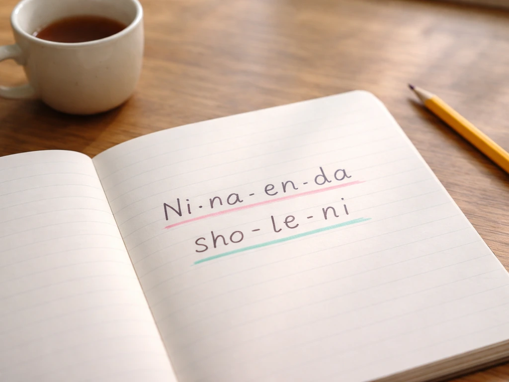 Close-up of an open notebook page showing handwritten phonetic syllable chunking for a Swahili sentence.