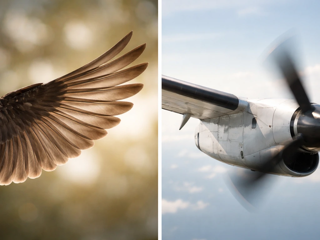 Close-up bird wing feathers on the left and airplane wing with propeller on the right against a simple sky.