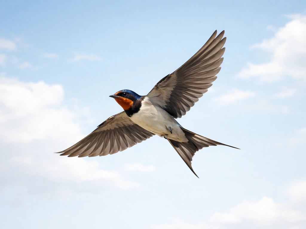 A single bird flying through open sky with wings outstretched and soft cloud backdrop.