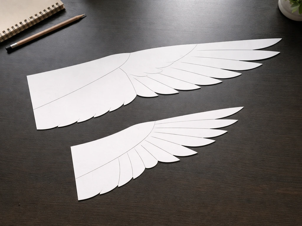 Minimal photo of a split bird-wing silhouette with segmented angles laid over a dark tabletop for study