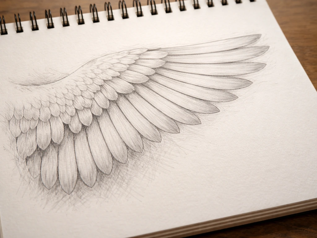 Close-up of a wing drawing showing layered feather groups, directed forms, and clean edge shapes.