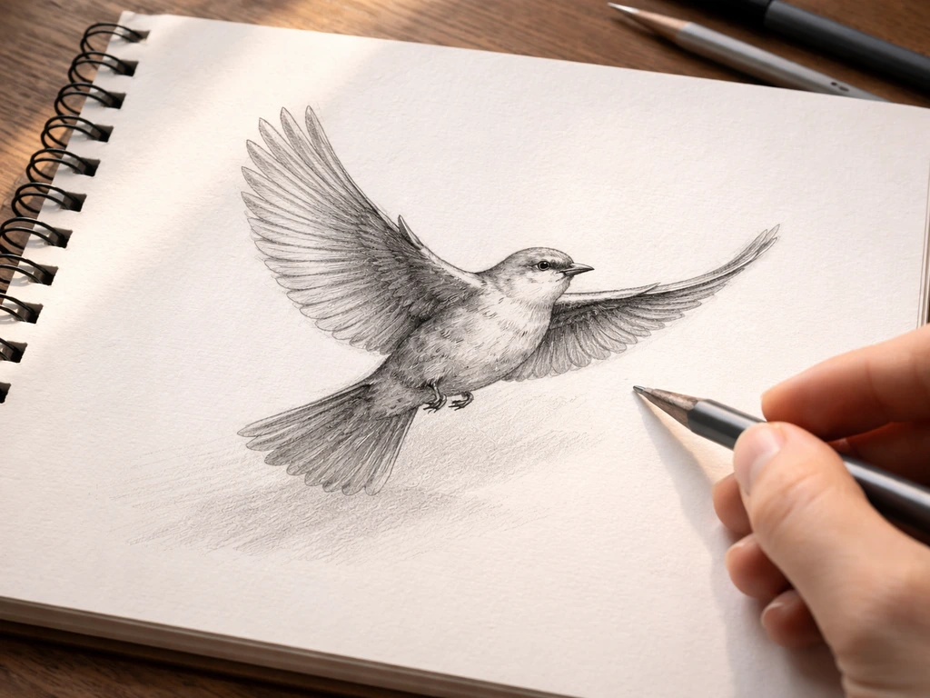 Close-up of a pencil sketch of a bird in flight with soft shadows showing a consistent light direction.