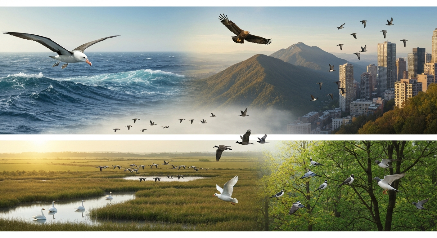 Panoramic illustration of many bird species flying over ocean, plains, mountains, wetlands and a city skyline, showing different flight styles and habitats.