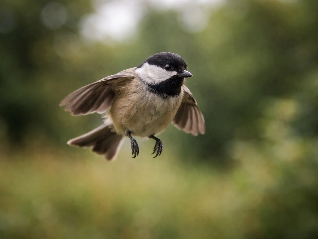 Small wild bird hovering frozen mid-air against a softly blurred green background.