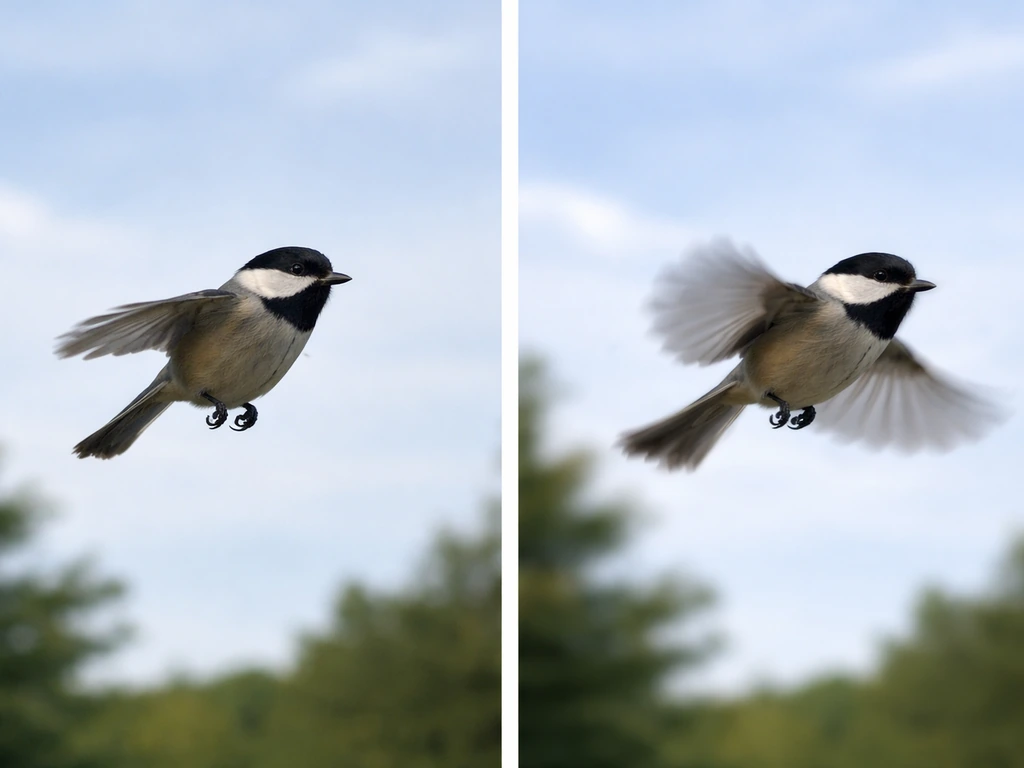 Split-screen photo showing a bird frozen midair on left and a real mid-flight bird on right