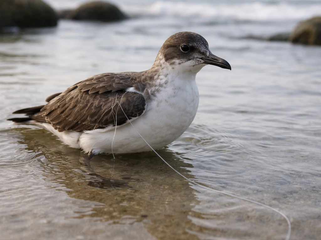 Seagull in shallow water with monofilament fishing line wrapped around a wing, showing entanglement