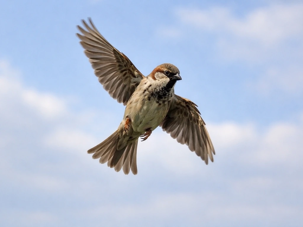 Small bird in mid-flight with asymmetric wing position, tilted posture suggesting a wing injury.