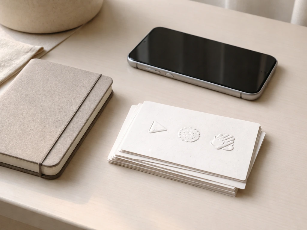 Minimal desk scene with blank cue cards and simple icon shapes for video, live, and rehab checks.