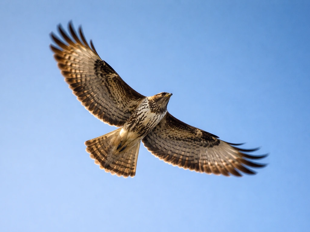 A bird mid-flight with wings spread against a clear blue sky, showing wing motion and lift.