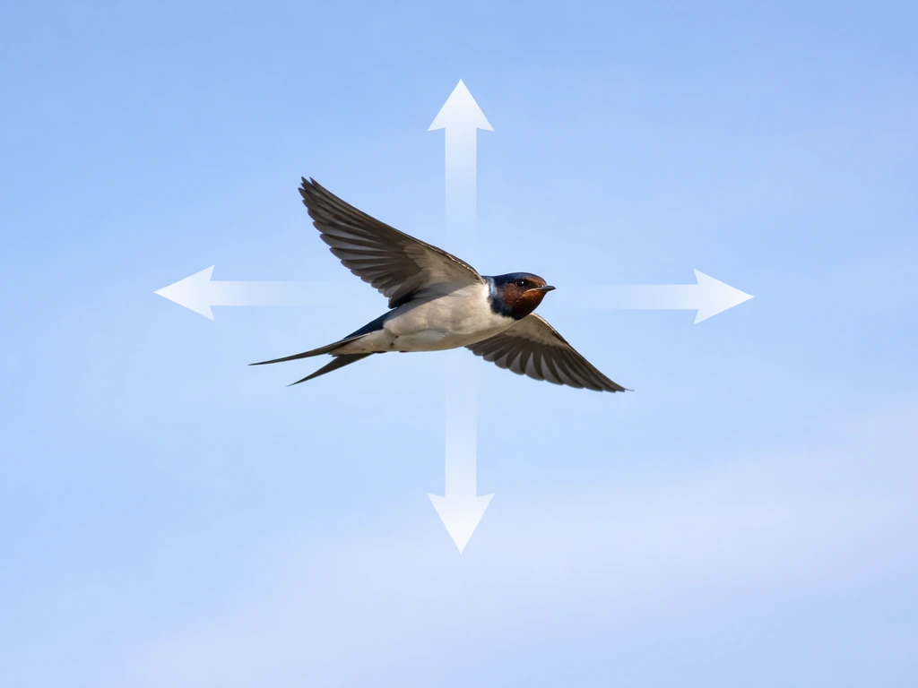 Minimal graphic photo of a bird in flight with four arrows indicating lift, thrust, drag, and weight.