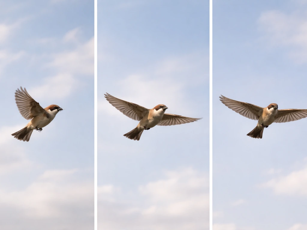 Three small birds in flight side-by-side showing flapping, gliding, and soaring with simple wing-angle cues.