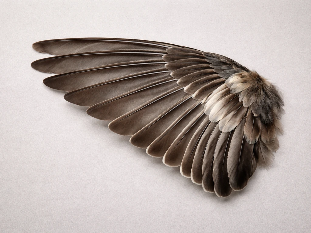 Close-up of a spread bird wing on a gray background showing primary feathers and the alula