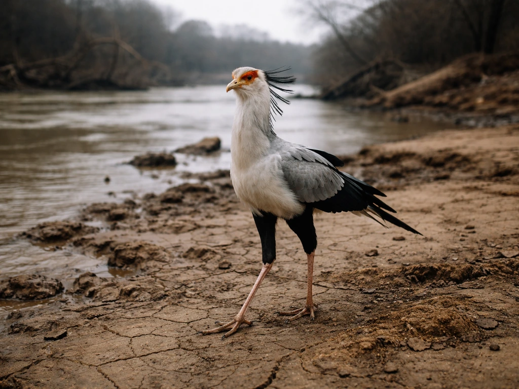 A secretary bird stands alert on a dry savanna, wings slightly raised, cinematic post-apocalyptic flood shadows behind.