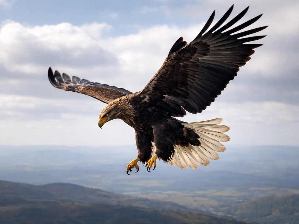 A soaring raptor gliding into a dramatic descent over open landscape, wings shifting from lift to drag.