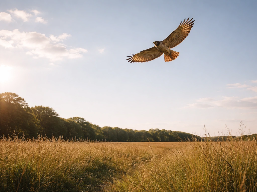 A red-tailed hawk soaring overhead above a sun-baked field under natural daylight.