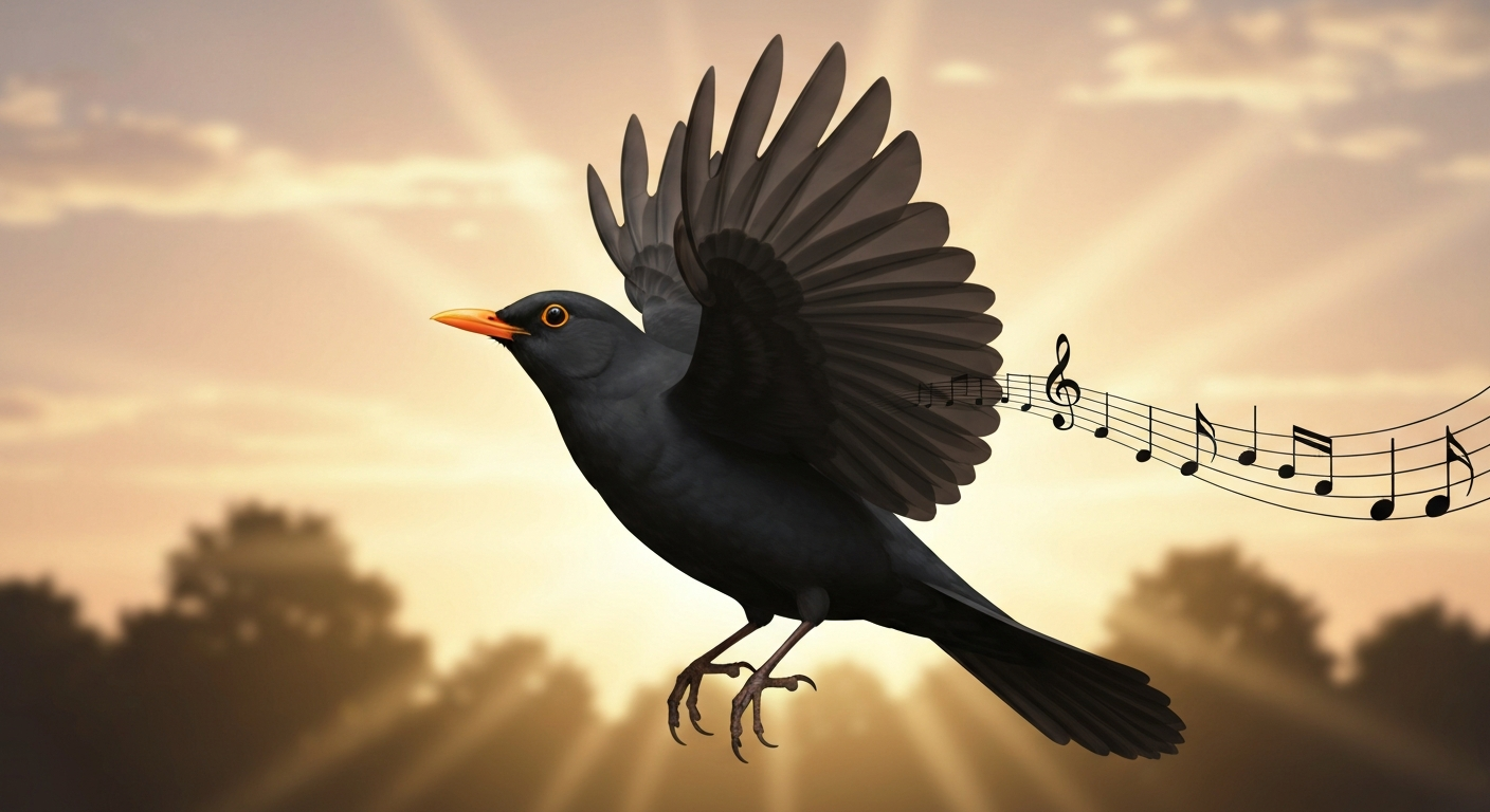 Common Blackbird in flight at dawn with subtle musical notes trailing from its wing against a warm golden sky.