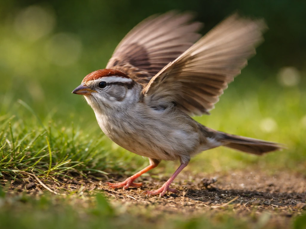 Single bird launching off the ground with feather detail and a motion-trail blur for slow-motion effect.