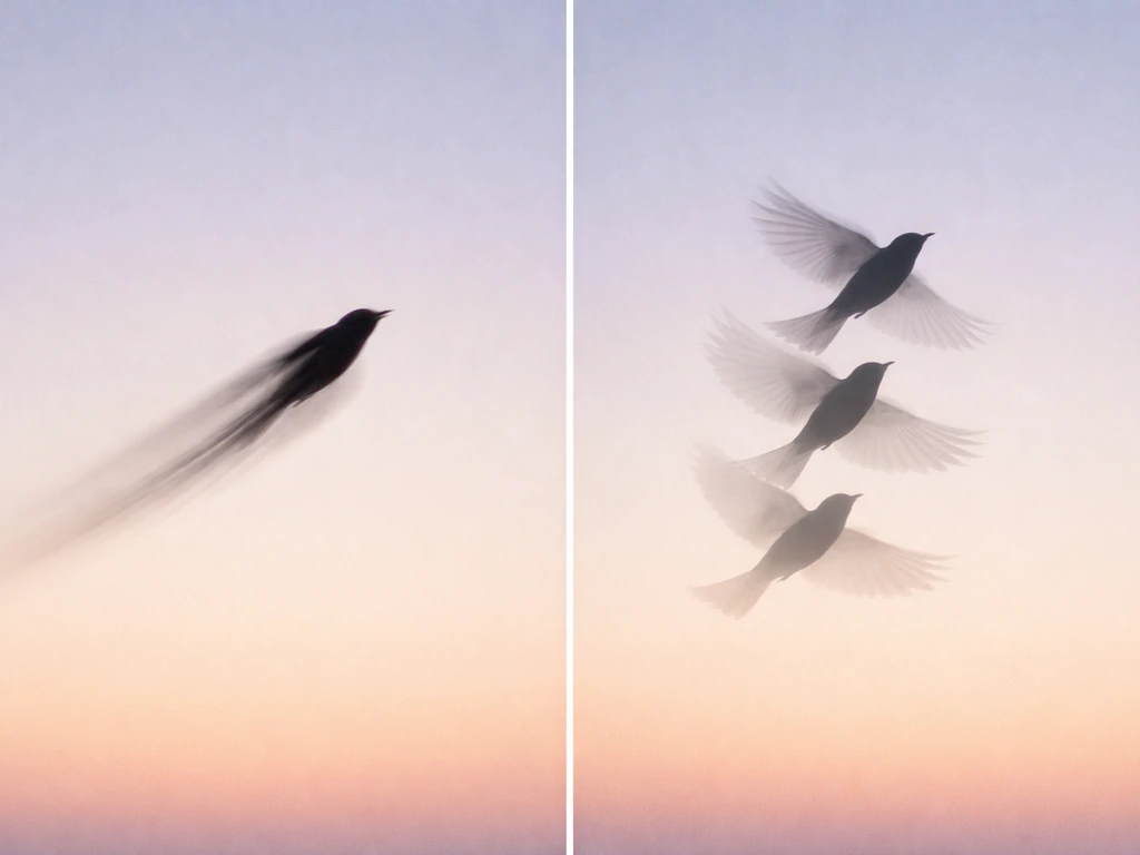 Split image of a bird silhouette takeoff: motion blur vs ghosted slow-motion wing positions.
