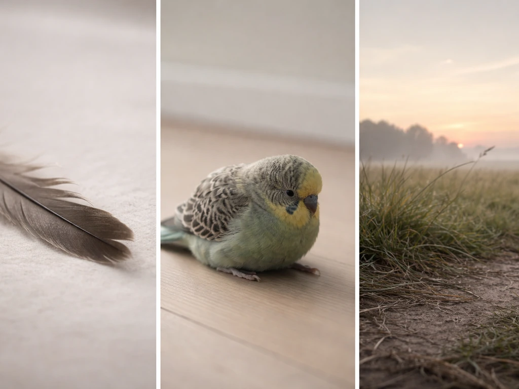 Three minimal photo panels: wing/feather issue, tired bird posture, and windy outdoor ground conditions.