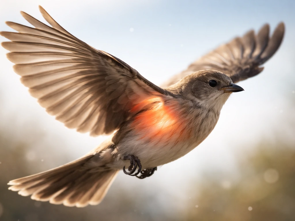 Generic bird mid-wingbeat with emphasized downstroke power and chest/wing-base muscles in natural light.
