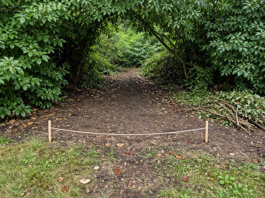Cleared brush and branches with a safe viewing distance marker near a quiet backyard pathway.