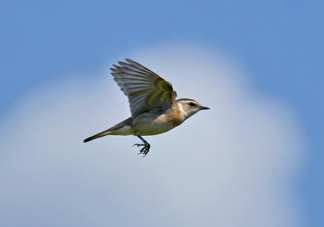 A bird flying in profile against a blue sky, wings angled to show lift and control.