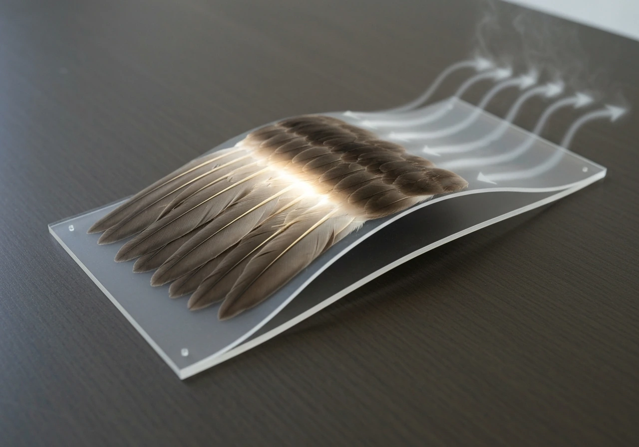 Close-up of a curved wing-like airfoil with mist flowing faster over the top to suggest lift.