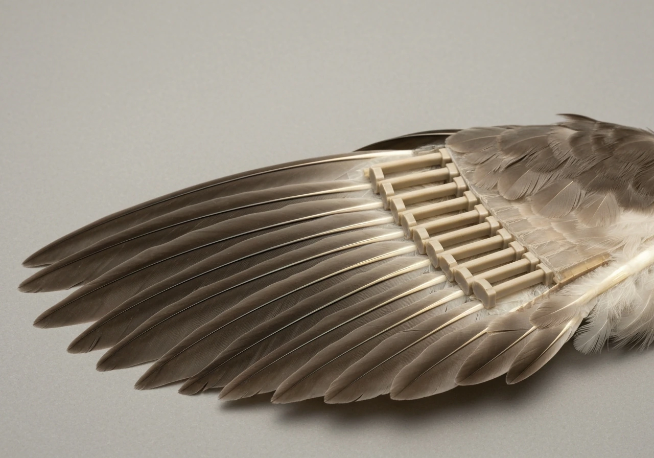 Close-up cutaway view of a bird wing showing feather layers and hollow internal supports
