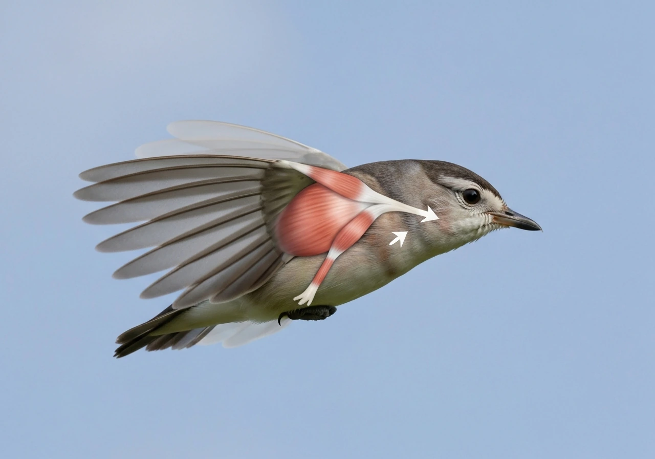 Close-up of a bird wing with visible pectoral downstroke and supracoracoideus upstroke muscles working.