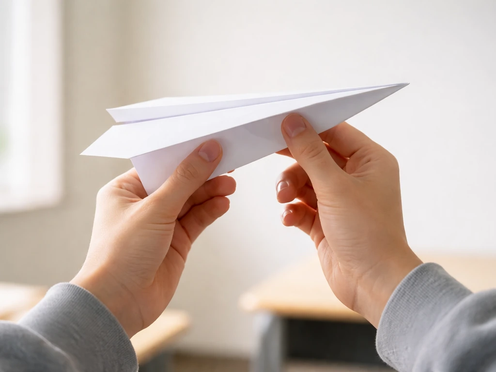Student hands holding a folded paper dart glider at the right angle for lift in a bright room