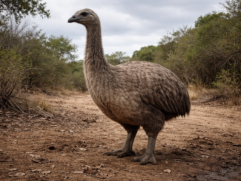 Elephant bird Aepyornis standing on Madagascar ground, wings held but clearly flightless, dramatic realism.
