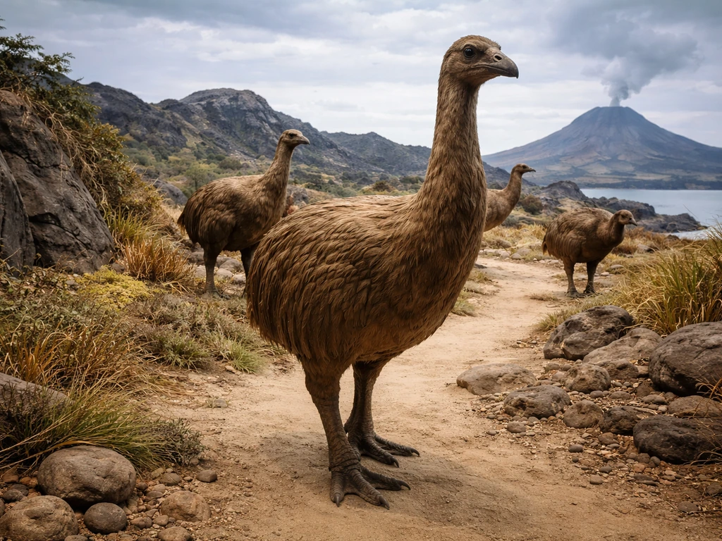 Elephant birds walking through a minimal prehistoric island habitat in a museum diorama scene.