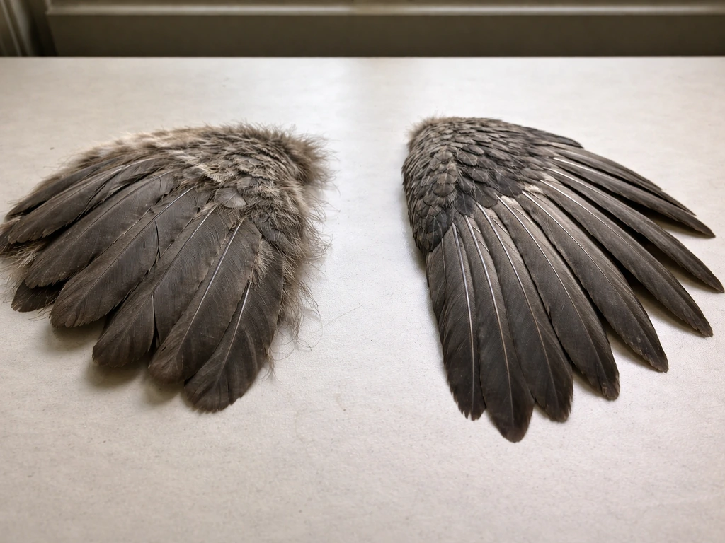 Close-up of a prehistoric-style bird wing with stiff, non-lift feathers beside aerodynamic flight feathers