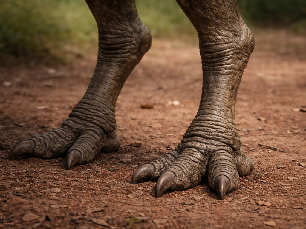 Robust elephant bird hindlimbs with heavy musculature shown grounded on natural soil.