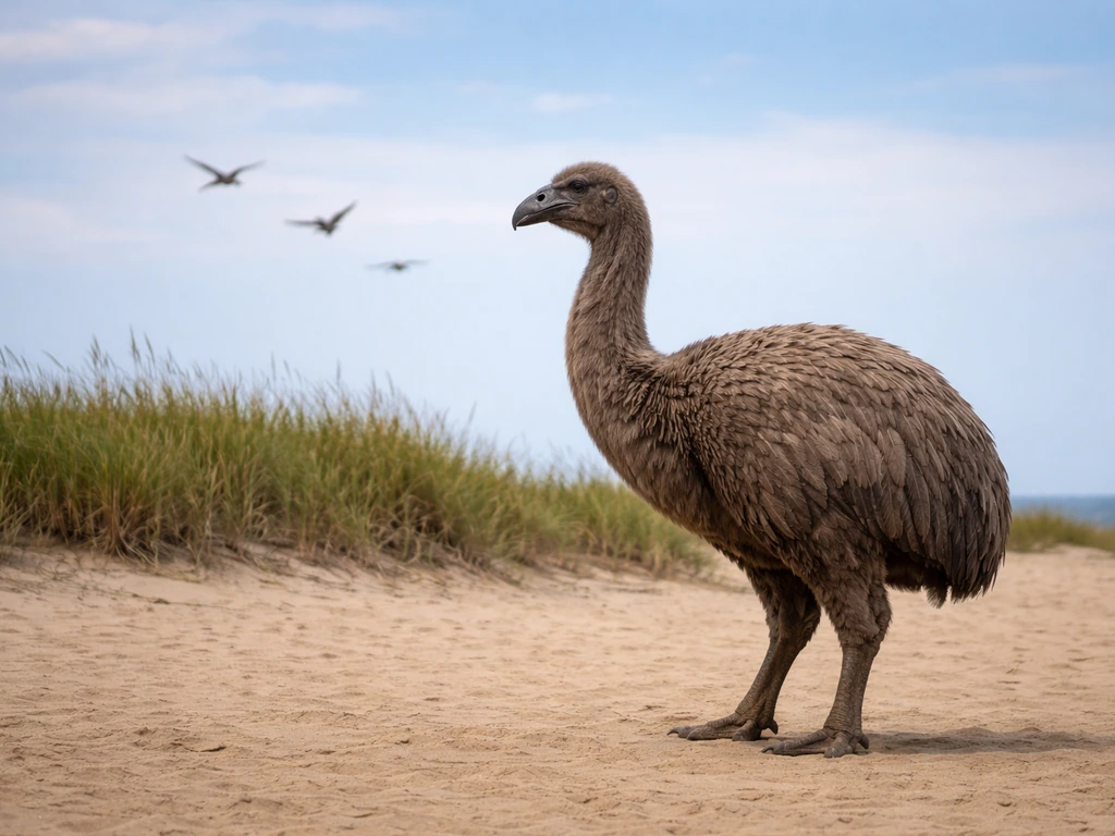 Flightless elephant bird standing near open sky, with subtle faint prehistoric birds in the distance