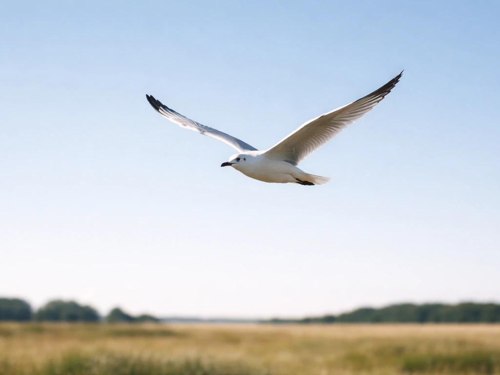 A bird glides mid-flight over a clear landscape with wings extended, showing lift and glide posture.
