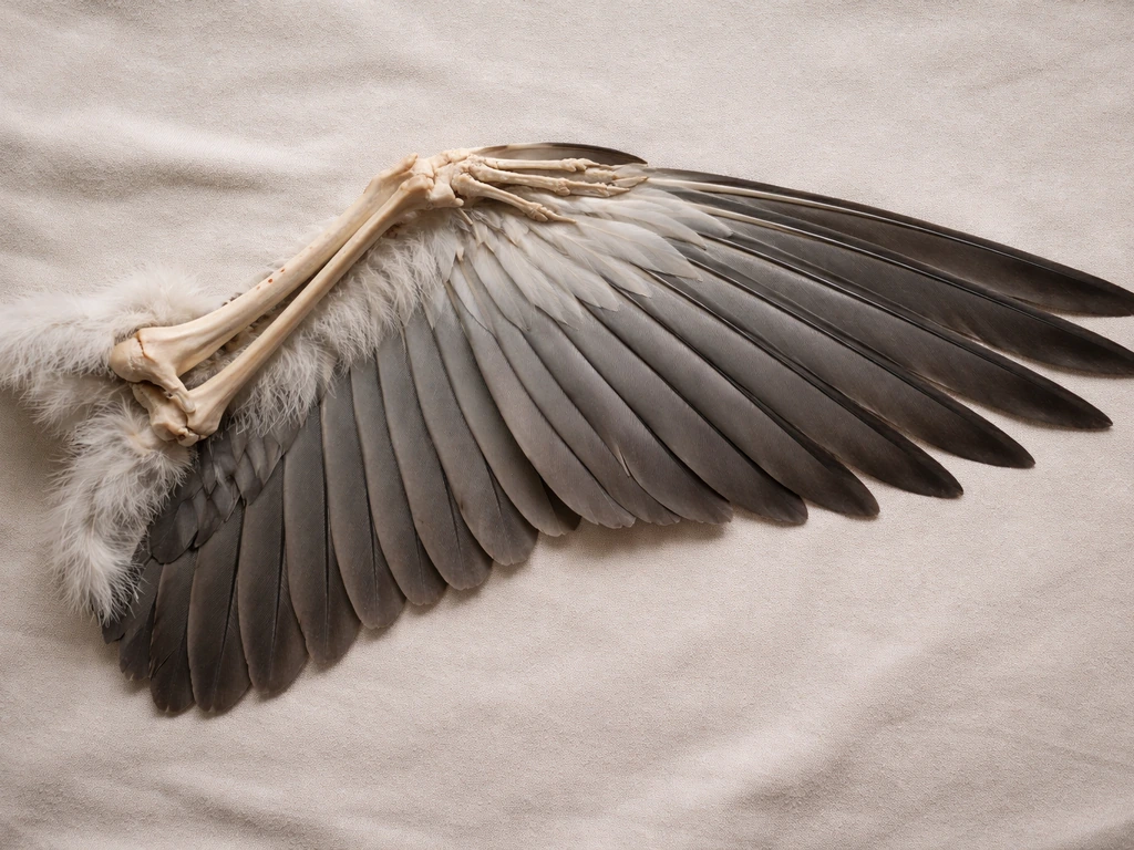 Close-up of an isolated bird wing showing joints and primary flight feathers on a plain background.