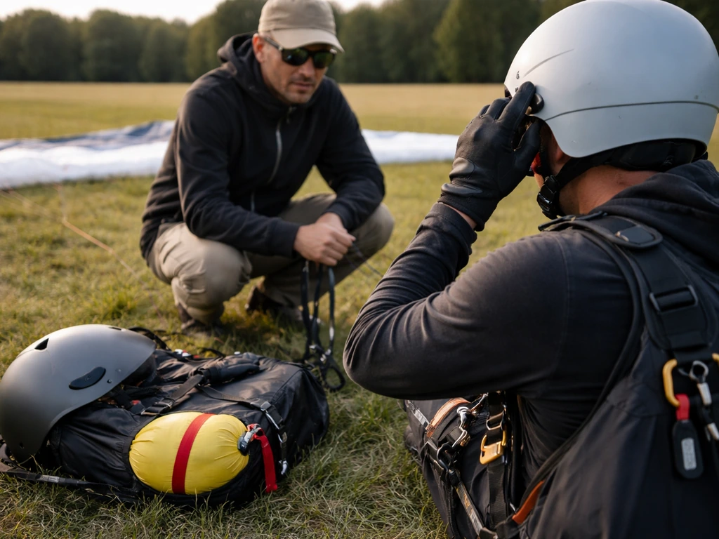 Coach supervises paragliding safety gear setup on grass near a clear landing area; helmet and harness visible.