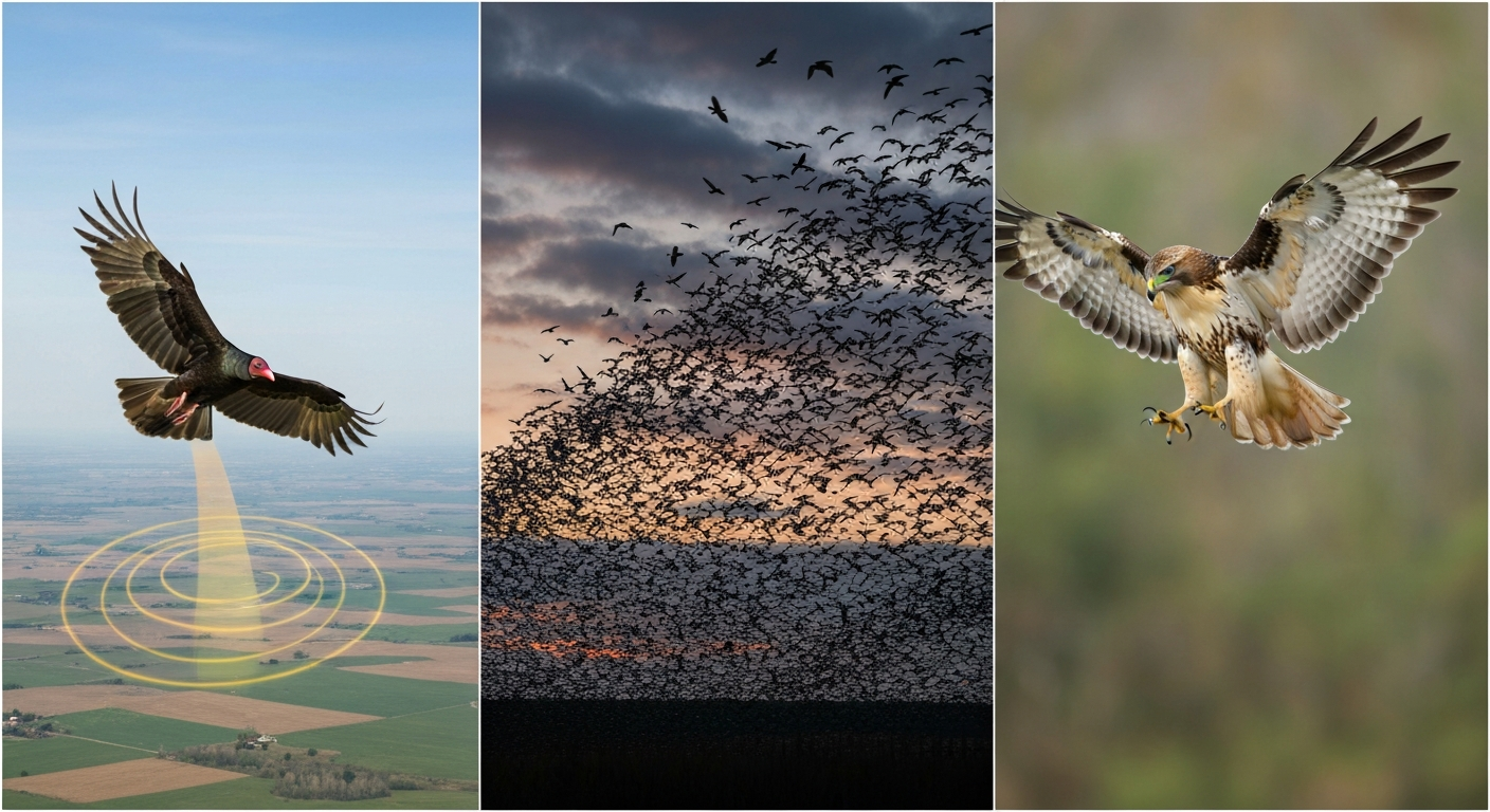 Panoramic scene showing a vulture circling in a thermal over farmland (left), a dense starling murmuration at dusk (center), and a hawk diving with wings tucked (right), illustrating different bird flight patterns.