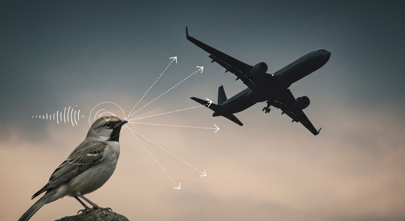 Illustration of a bird perceiving an approaching airplane as a looming predator, with optic-flow expansion lines and infrasound wave overlays.