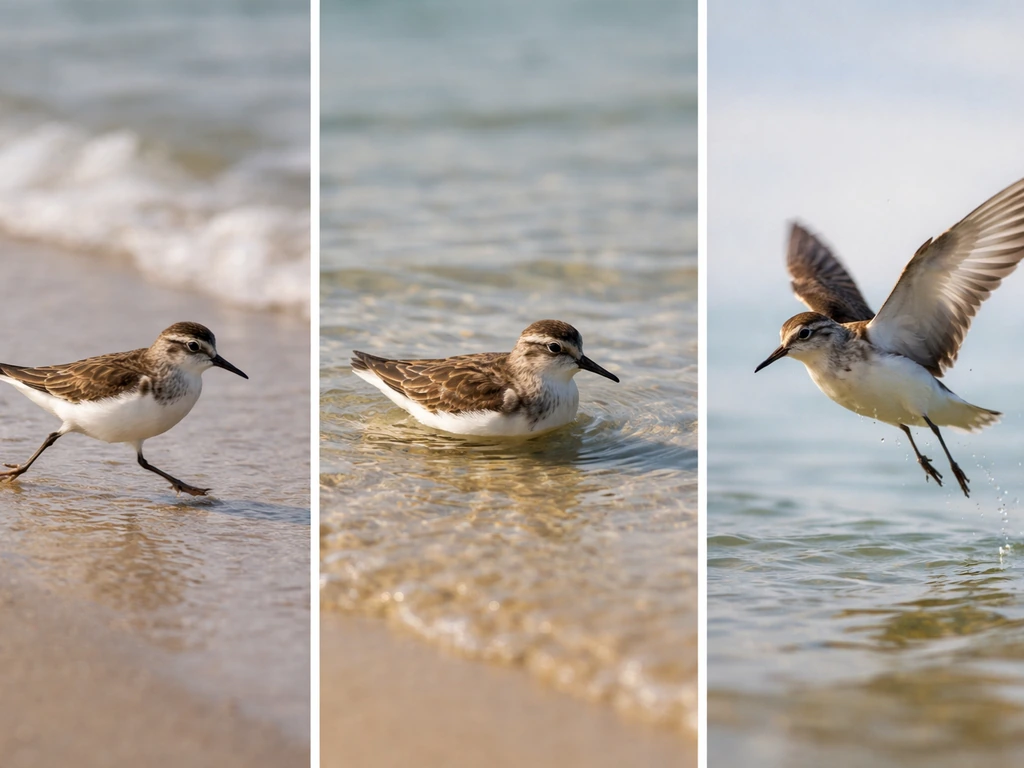 Small bird shown in a three-phase sequence: running, swimming, then flying emphasized.