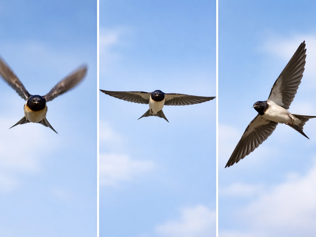 Three panels of a small bird showing flapping, gliding with still wings, and soaring high in the sky.