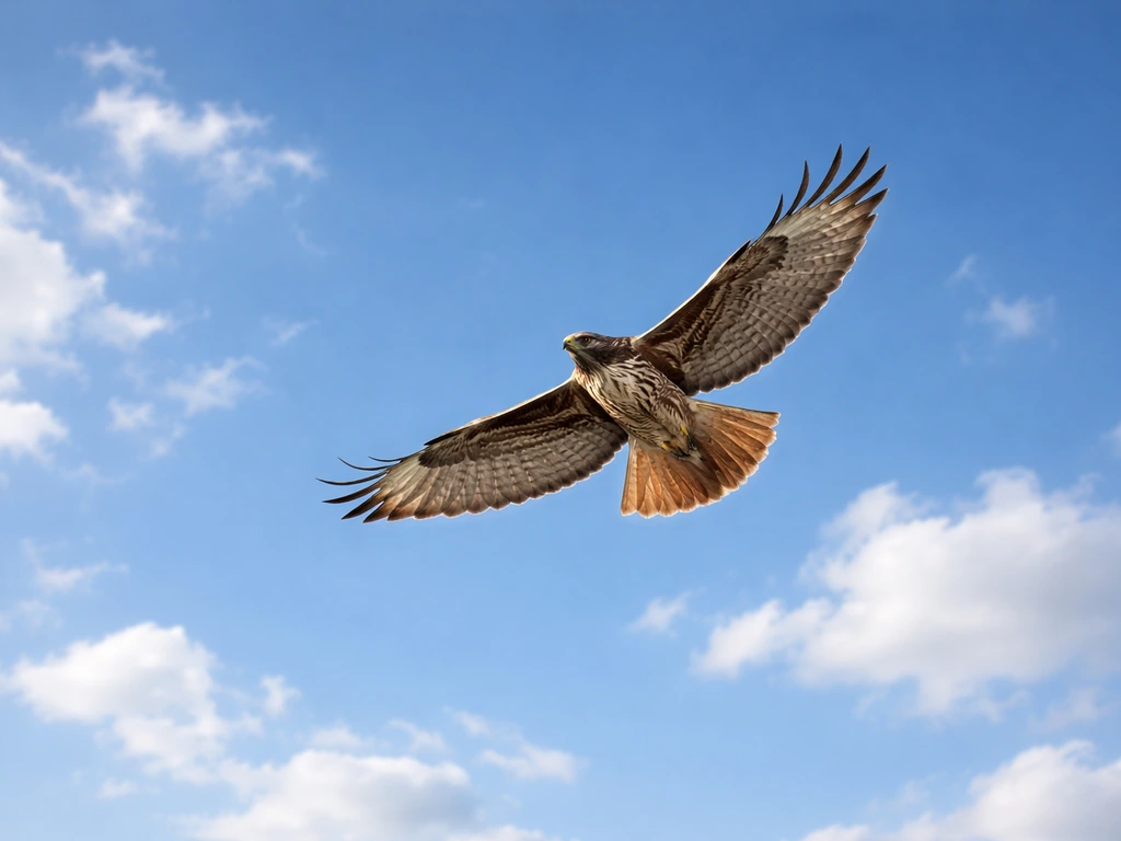 A soaring raptor circling high in the sky, dramatic clouds suggesting repeated flight in circles