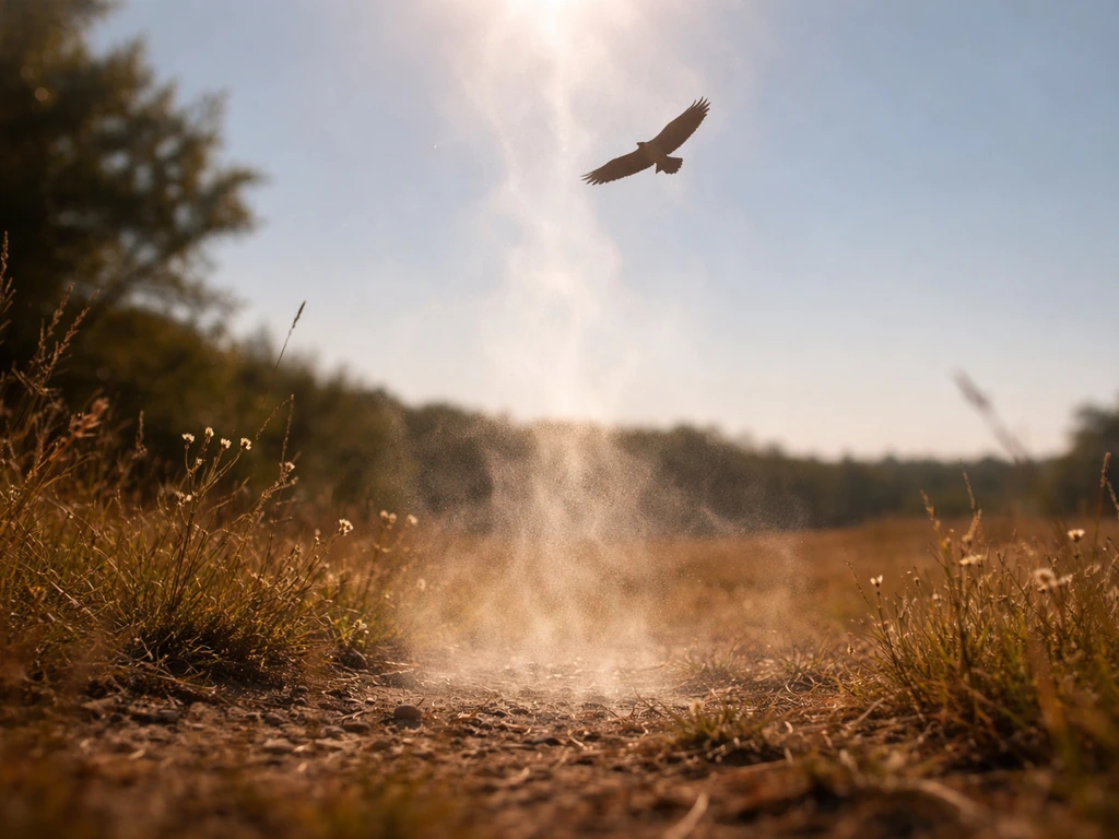 A soaring raptor circles inside a rising thermal column above sun-warmed ground.